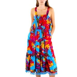 TAHARI ASL Satin Midi-Length Ruffle Tiered Pocket Tassels Sundress 16 Wild Berry